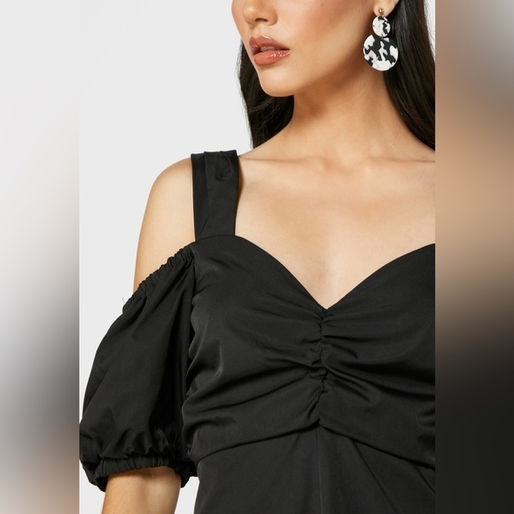 TOPSHOP Black Taffeta Cold Shoulder Bardot Midi Dress - Picture 5 of 12